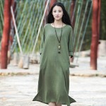 O-neck Long sleeve Cotton Linen Women Long Dress Summer Causal Brief Dress Solid Red White Army green Brand Kawaii Dresses B112