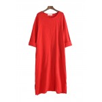 O-neck Long sleeve Cotton Linen Women Long Dress Summer Causal Brief Dress Solid Red White Army green Brand Kawaii Dresses B112