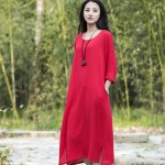 O-neck Long sleeve Cotton Linen Women Long Dress Summer Causal Brief Dress Solid Red White Army green Brand Kawaii Dresses B112