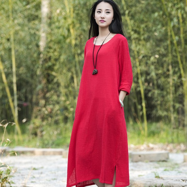 O-neck Long sleeve Cotton Linen Women Long Dress Summer Causal Brief Dress Solid Red White Army green Brand Kawaii Dresses B112