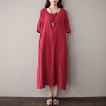 O-neck Short sleeve Linen Women Long Dress Solid Red White Purple Casual Midi Dress Plus size Original Vintage Dresses 5051