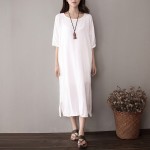 O-neck Short sleeve Linen Women Long Dress Solid Red White Purple Casual Midi Dress Plus size Original Vintage Dresses 5051