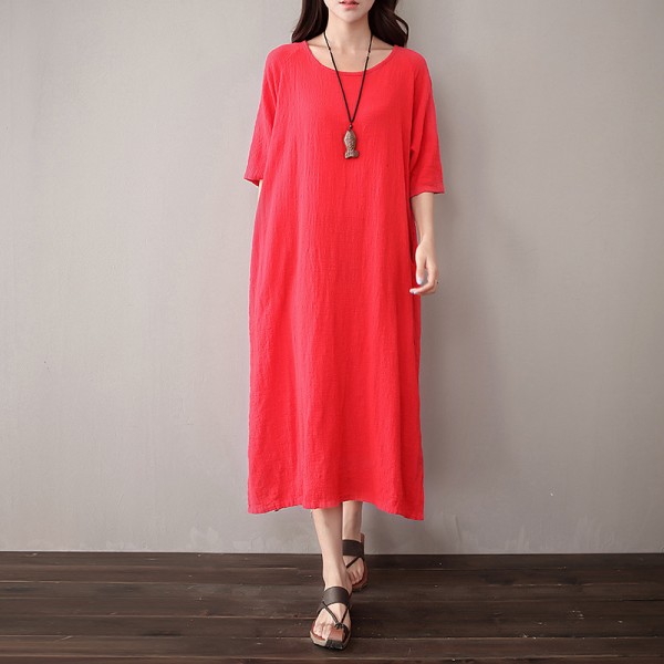 O-neck Short sleeve Linen Women Long Dress Solid Red White Purple Casual Midi Dress Plus size Original Vintage Dresses 5051