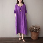 O-neck Short sleeve Linen Women Long Dress Solid Red White Purple Casual Midi Dress Plus size Original Vintage Dresses 5051