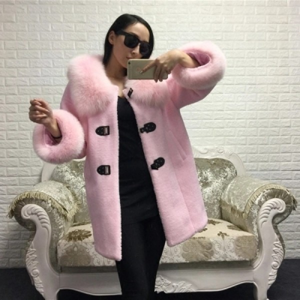 OFTBUY 2016 new autumn winter jacket women fashion 100% real fox fur loose oversize pink black overcoat long woolen ladies coats