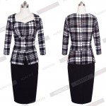 OL False 2 Piece Set Women Two Piece Outfits Winter Autumn Three Quarter Sleeve Pencil Plaid Work Office Business Dress B240