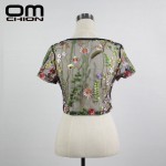 OMCHION New 2017 Black Sheer Short Sleeve Summer T shirt Women Floral Embroidery Crop Top Sexy Mesh Tee Shirt Femme BTX14