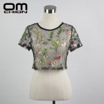 OMCHION New 2017 Black Sheer Short Sleeve Summer T shirt Women Floral Embroidery Crop Top Sexy Mesh Tee Shirt Femme BTX14