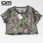 OMCHION New 2017 Black Sheer Short Sleeve Summer T shirt Women Floral Embroidery Crop Top Sexy Mesh Tee Shirt Femme BTX14