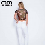 OMCHION New 2017 Black Sheer Short Sleeve Summer T shirt Women Floral Embroidery Crop Top Sexy Mesh Tee Shirt Femme BTX14