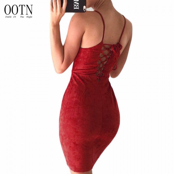 OOTN Female Summer Dresses Sexy Club Lace Up Women Strap Sleeveless Tunic Evening Autumn Suede Dress Slip Sheath Sundress Red