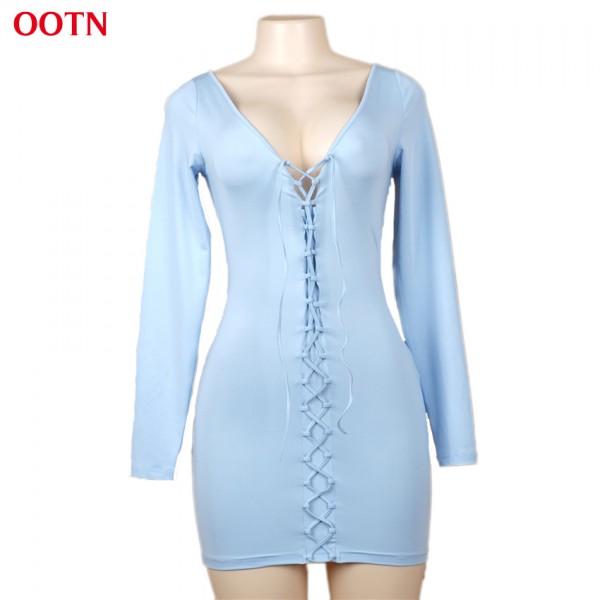 OOTN LYQ035 Long Sleeve Lace Up Dresses Women Bule Dress 2018 Summer Autumn Elastic Sundress Cotton Office Work Tunic Robe