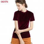 OOTN Summer Tops Short Sleeve Cotton Velvet T Shirt Women Green Red O Neck Casual Female Basic Tshirt Tees Work T-shirt Spring