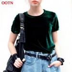 OOTN Summer Tops Short Sleeve Cotton Velvet T Shirt Women Green Red O Neck Casual Female Basic Tshirt Tees Work T-shirt Spring