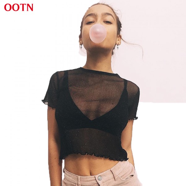 OOTN TX019 Knitted Mesh T Shirt Women Soft Comfortable Fabric Tee O-neck Fashion Mesh Tops Balck White 2017 Summer High Quality