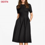 OOTN classic black dress textured dress zip jersey flared spandex unlined chic mid-calf dresses women vintage dress