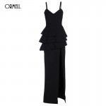 ORMELL Ladies V Neck Party Dresses 2016 Elegant Slim Summer Style Black Spaghetti Strap Vertical Pleated Split Dress