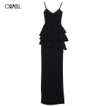 ORMELL Ladies V Neck Party Dresses 2016 Elegant Slim Summer Style Black Spaghetti Strap Vertical Pleated Split Dress