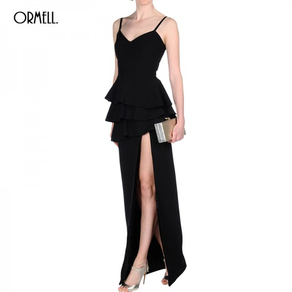 ORMELL Ladies V Neck Party Dresses 2016 Elegant Slim Summer Style Black Spaghetti Strap Vertical Pleated Split Dress