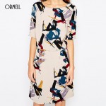 ORMELL New Fashion Ladies' Elegant Geometry Print Dress Vintage O Neck Short Sleeve Casual Slim Brand Dress