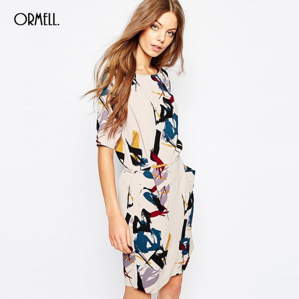 ORMELL New Fashion Ladies' Elegant Geometry Print Dress Vintage O Neck Short Sleeve Casual Slim Brand Dress