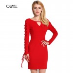 ORMELL V Neck Chiffon Women Dress Lace Up Long Sleeve Dress 2016 Autumn Winter Bodycon Party Dresses Vestido De Festa