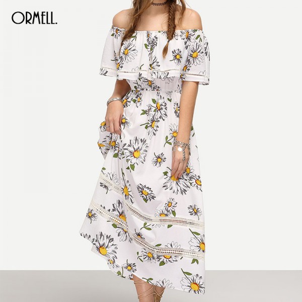 ORMELL Women Sexy Slash Neck Floral Dress Short Sleeve Lace Design Ladies Summer Autumn Fashion Casual Dress Vestidos