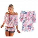 Off Shoulder Chiffon Shirts Women Summer Print T-shirt Elastic Waist Half Sleeve Loose Beach Fashion Tee Printing Cool Top Femme