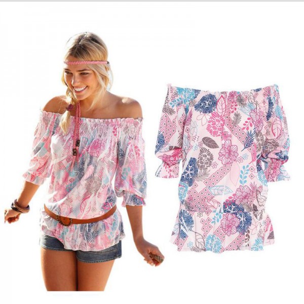 Off Shoulder Chiffon Shirts Women Summer Print T-shirt Elastic Waist Half Sleeve Loose Beach Fashion Tee Printing Cool Top Femme