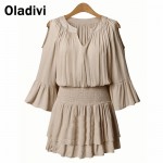 Oladivi 5XL Plus Size Women Chiffon Dresses 2017 Summer Off Shoulder Lantern Sleeve Elastic Slim Waist Pleated Short Mini Dress