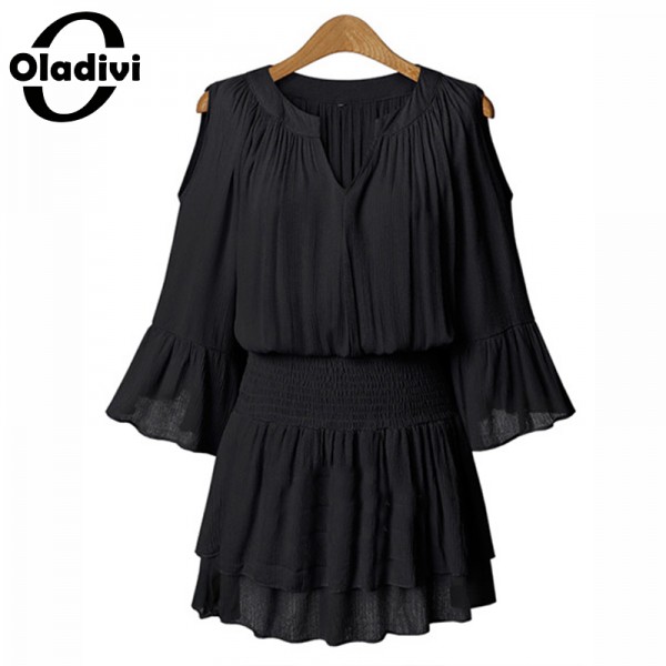 Oladivi 5XL Plus Size Women Chiffon Dresses 2017 Summer Off Shoulder Lantern Sleeve Elastic Slim Waist Pleated Short Mini Dress