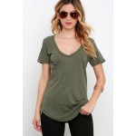 Olive Green Tops PocketStyle Woman Relaxes In Bulk Summer V-neck T-shirts Pure Short Sleeve Basic Tee