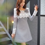 Original 2016 Brand Autumn Wear Flower Lace Decoration Plus Size Elegant Short Dress Women Light Gray Vestido Wholesale