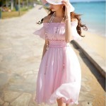 Original Brand Chiffon Dress Plus Size Slash Neck Elastic Waist Skin-Friendly Sweet Sexy Summer Pleated Dresses Women Wholesale