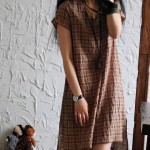 Original Pleated Cotton Linen Dress Loose Vestidos 2018 Short Sleeve Women Casual Plaid Dresses V-neck Irregular Summer Dress