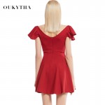 Oukytha 2017 Spring Summer Elegant Butterfly Sleeve V-neck Close-Fitting Cotton Mini Red/Black Dress for Women WQZ17232