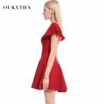 Oukytha 2017 Spring Summer Elegant Butterfly Sleeve V-neck Close-Fitting Cotton Mini Red/Black Dress for Women WQZ17232