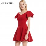 Oukytha 2017 Spring Summer Elegant Butterfly Sleeve V-neck Close-Fitting Cotton Mini Red/Black Dress for Women WQZ17232