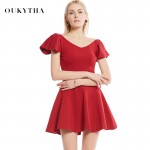 Oukytha 2017 Spring Summer Elegant Butterfly Sleeve V-neck Close-Fitting Cotton Mini Red/Black Dress for Women WQZ17232