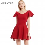 Oukytha 2017 Spring Summer Elegant Butterfly Sleeve V-neck Close-Fitting Cotton Mini Red/Black Dress for Women WQZ17232