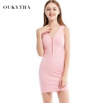 Oukytha 2017 Summer Dress Women Sexy & Club Deep V-Neck Zipper Tank Sleeveless Slim Tops Cotton Mini Bodycon Sheath Dress J15030