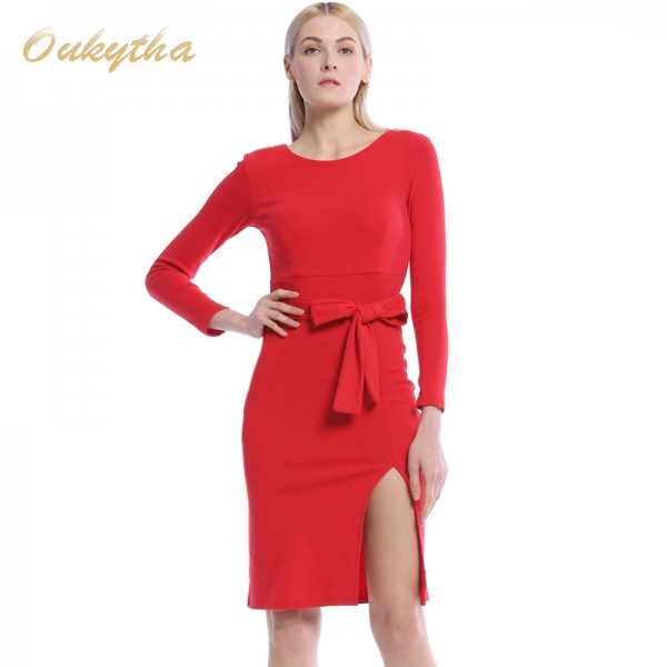 Oukytha Long Dress Tide Backing Hip Split Package 2017 New Long Sleeved Sexy Belt Tight Dress In The Nightcl  M15483