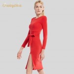 Oukytha Long Dress Tide Backing Hip Split Package 2017 New Long Sleeved Sexy Belt Tight Dress In The Nightcl  M15483