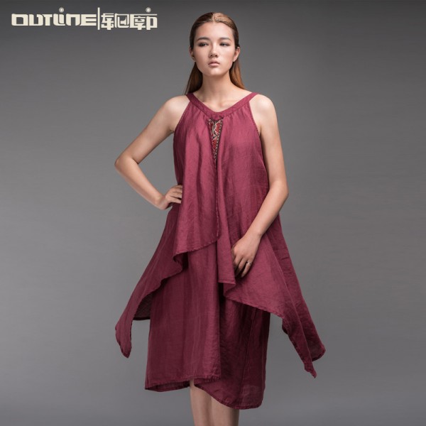 Outline Original Casual Sleeveless Dress for Women Embroidery Summer Linen Dress in Vantage Long Spaghetti Strap Dress L152Y009