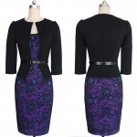 Oxiuly 2015 women plus size dresses 4XL Faux Twinset Belted Tartan Floral Lace Patchwork Business Pencil Sheath Bodycon Dress