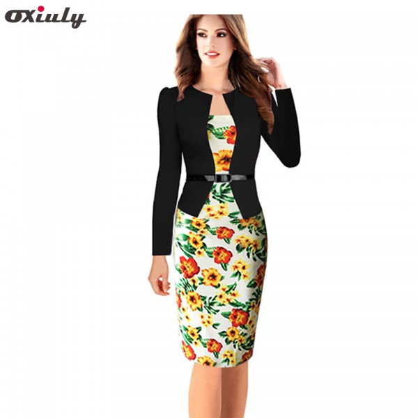 Oxiuly 2017 Plus Size 4XL Women Dresses Long Sleeve Empire Sheath Print Notched Knee-Length Wear to work Vintage Pencil Dress