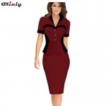 Oxiuly Business Female Pencil Dress Elegant Lady Illusion Patchwork Sheath Buttons Fitted Ruffles Women Bodycon Bandage Dress