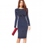 Oxiuly Newest Autumn Women Long Sleeve Elegant Dot Empire Waist Stretchy Bodycon Pencil Dresses Casual Knee-Length Dress S-XXL