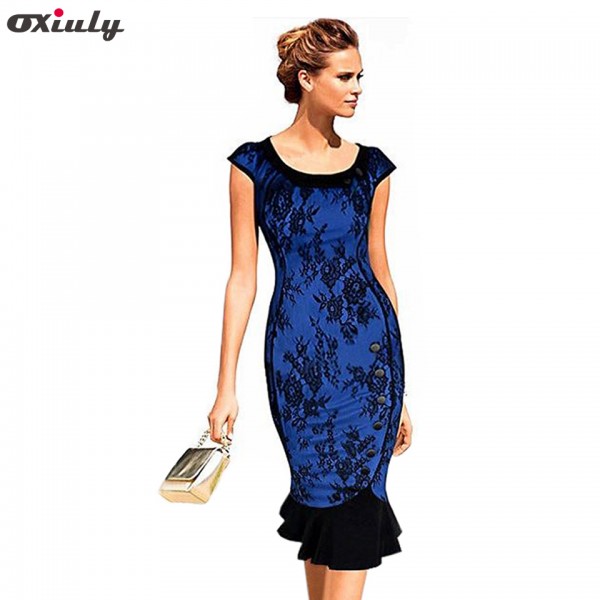 Oxiuly Sexy Knee Length Royal Blue Surface Lace Mermaid Dress Party Elegant Evening Casual Office Work Dress 