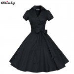 Oxiuly Women Ball Gown Dress Audrey Hepburn Elegant White Black Polka Dot ShortSleeve Dress Ladies Casual Short A-Line Dresses